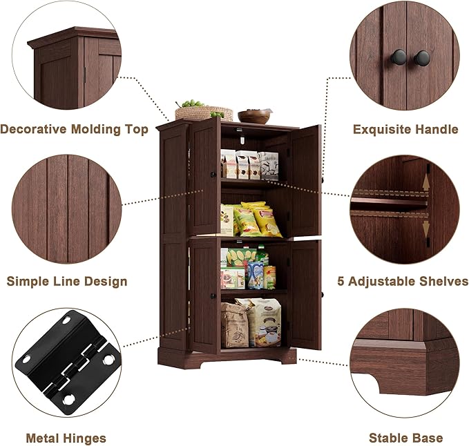 ChooChoo Bathroom Floor Cabinet with Adjustable Shelves | Bathroom Storage Cabinet, 4 Doors, Freestanding Cupboard for Living Room, Kitchen Pantry, Walnut