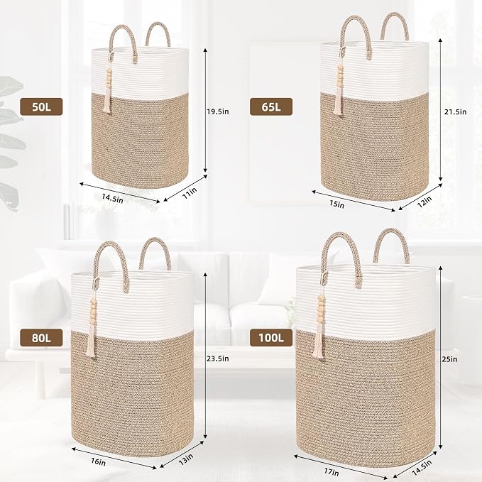 Woven Laundry Basket for Clothes, 100L Large Rectangle Laundry Hampers with Beads Tassel, Nursery Storage Basket for Toys, Tall Dirty Clothes Hamper for Bedroom Aesthetic, Laundry Room Organization