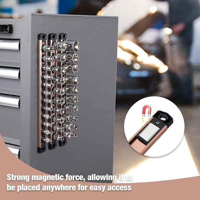 WORKPRO Magnetic Socket Organizer, Heavy Duty 1/4-Inch Drive Socket Rail | 1 Piece Socket Holder with 12 Spots, Aluminum Alloy, Rotatable & Movable Clips, Efficient Organization