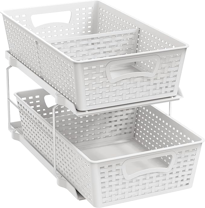 Simple Houseware 2 Tier Pull-Out Sliding Drawer Under Sink Storage, White | Great for Kitchen Bathroom Tray Shelf Organizer