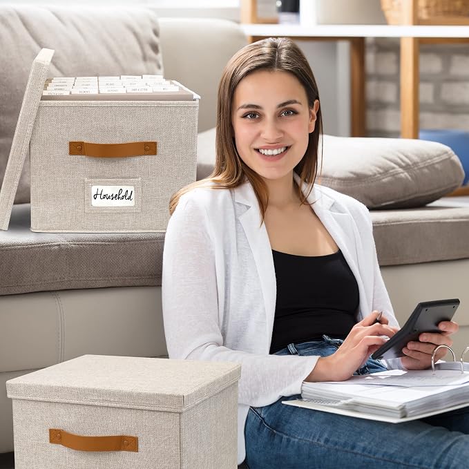 Decorative File Organizer Box Set of 2 - Collapsible Linen Filing Cabinets | Stores Documents and Hanging File Folders - Portable Office Crates with Lid and Handles for Easy Slide Access