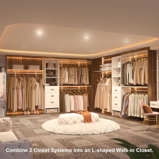 120 Inches Closet System, 10FT Walk In Closet Organizer with 3 Shelving Towers, Heavy Duty Clothes Rack with 3 Drawers, Built-In Garment Rack, 120" L x 16" W x 75" H, Max Load 1300 LBS, White