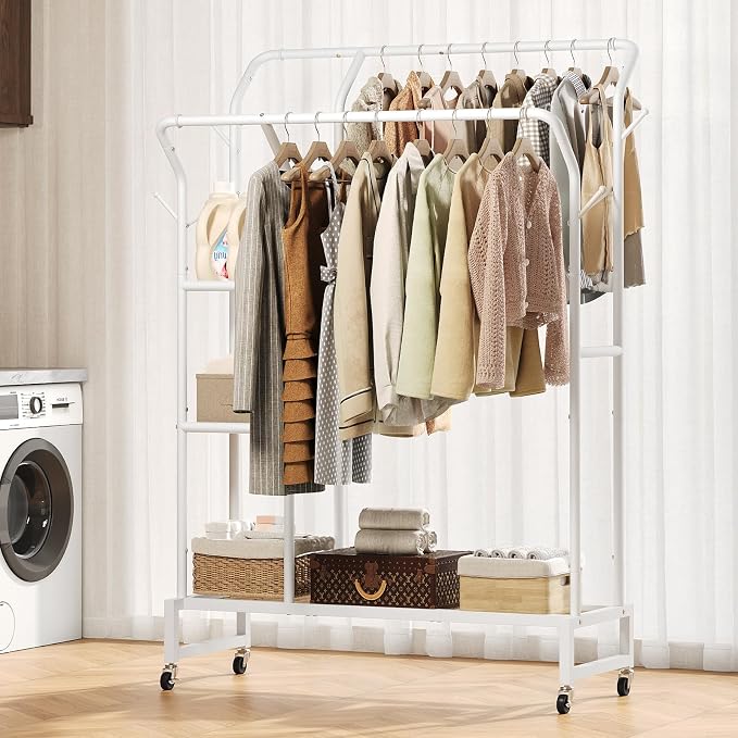 Yoobure Double Rods Clothes Rack - Portable Clothing Rack with Wheels, Rolling Garment Rack with 3-Tier Shelves & 4 Hooks, Freestanding Clothing Racks for Hanging clothes, Coat Rack for Closet Bedroom