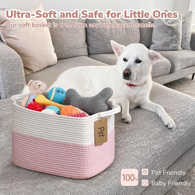 Goodpick Small Woven Storage Baskets for Organizing, Pink & White | 13 × 10 × 9 in, Reinforced Handles, Nursery, Bedroom & Shelf Organization, Toys, Books, Baby Essentials & Gift Giving