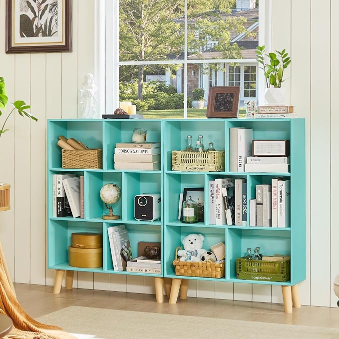 LEYAOYAO Cube Bookshelf, Mid-Century Modern Book Shelf with Legs, Green | 3 Tier Bookcase, Rustic Wood Bookshelves Freestanding Small Storage Organizer, Open Shelves for Bedroom, Living Room, Office
