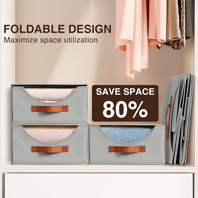 Homsorout Stackable Storage Drawers - Large Collapsible Storage Bins with Drawers, 8 Pack Closet Shelf Organizer Basket, Fabric Pull Out Organizer for Bedroom, Living Room, Dorm, Grey
