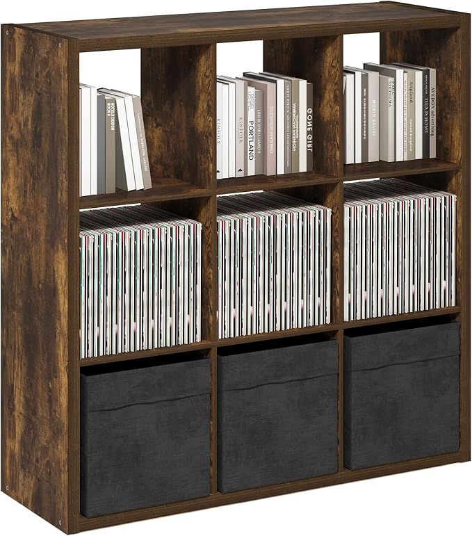 Furinno Cubicle 9-Cube Book Shelf, Extra Thick Frame Bookshelf, Amber Pine | 14.6" x 44" x 44", Reversible Bookcase with Open Back, for Living Room, Bedroom, Home Office