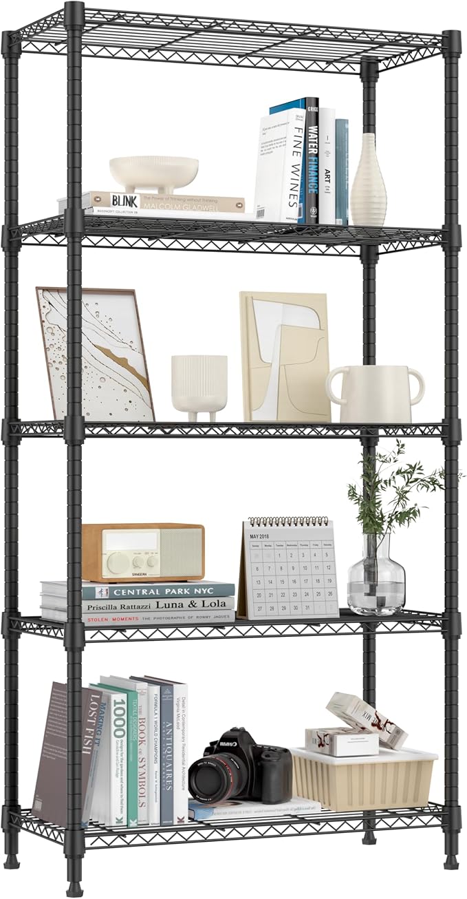 M MZG 1250 lbs 5 Tier Shelf Metal Storage Shelves Shelving Wire Rack Heavy Duty Closet Organizers for Garage Kitchen Bathroom Laundry Black 13.8" D x 29.5" W x 59.5" H