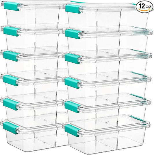 Vtopmart 12 Pack 1.5Qt Clear Pencil Box, Plastic Pencil Holder with Removable Divider for Pen Organizer, Small Stackable Containers with Lid for Pen, Art Craft, Sticker, Scrapbook & Office Supplies
