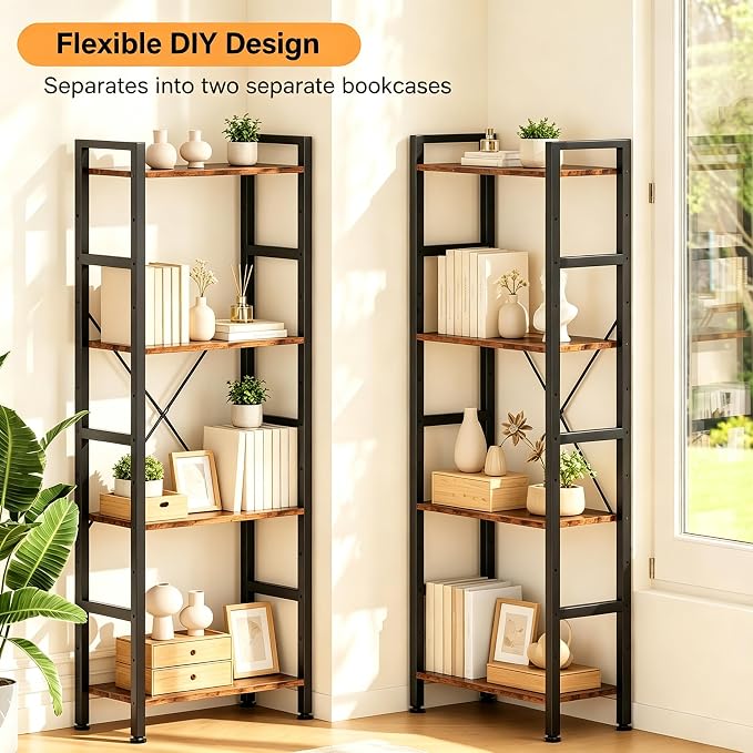 HealSmart Triple Column 4 Tier Bookshelf, Industrial Bookcase with 11 Open Display Adjustable Shelves, Wide Convertible Display Modern Bookshelf for Living Room & Home Office, Brown