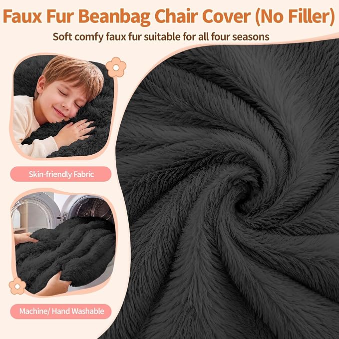 Stuffed Animal Storage Bean Bag Chair Cover, Soft Bean Bag Cover | Fluffy Faux Fur Stuffed Animal Storage Chair, Non-Slip Bottom, Fill with Plush Toys or Blankets, for Kids Teens Adults Girls