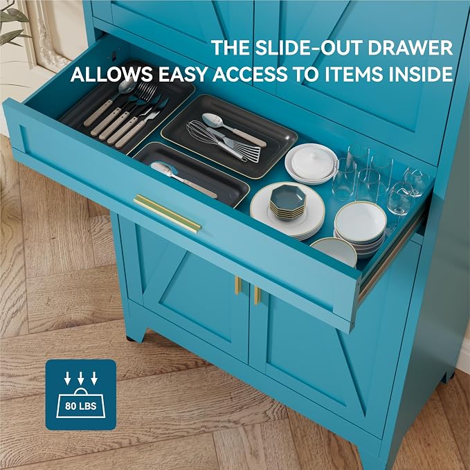 71" Tall Farmhouse Pantry Cabinet,Metal Cabinet with Adjustable Shelves and Doors,Storage Cabinet for Kitchen Garage,Blue 1 Pack