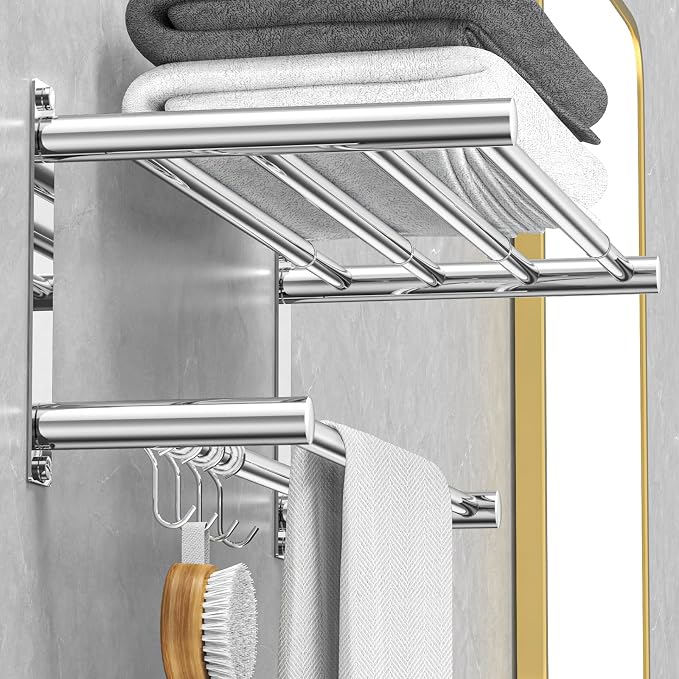 CAXIMSY Adjustable Towel Bar for Bathroom Wall Mount17-30.7inch Adhesive Shower Towel Rack Stainless Steel Bath Towel Holders for Toilet Kitchen Double Towel Hanger (Mobile Hook Towel Rack)