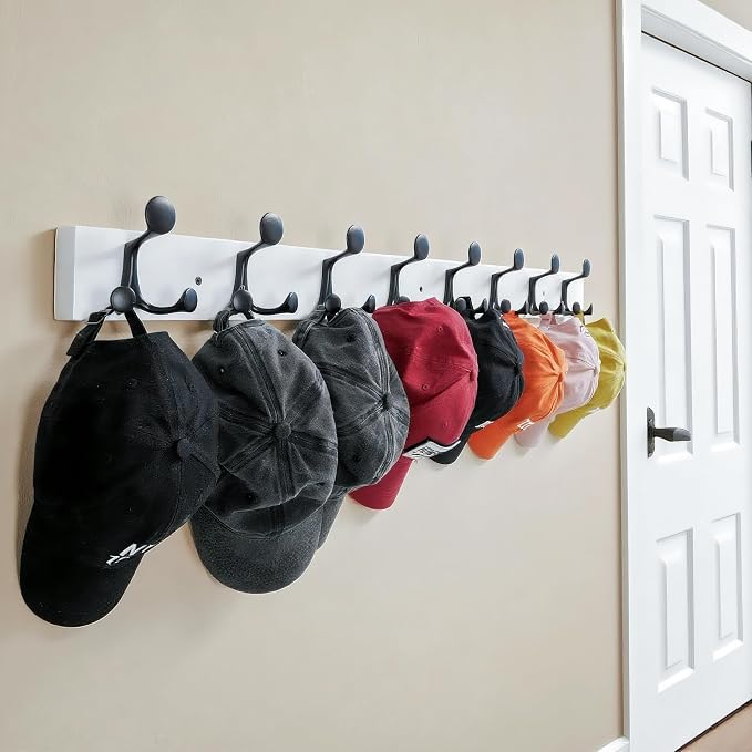 WEBI Coat Rack Wall Mount,43" Solid Wood Coat Hooks Wall Mounted Coat Hanger,16" Hole to Hole,Heavy Duty Hook Rack Rail,8 Triple Hooks for Hanging Coats,Jacket,Clothes,Hat,Backpack,White