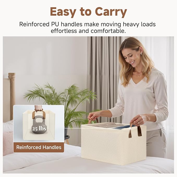 StorageWorks Storage Bins, Shelves Baskets for Organizing, Fabric Closet Organizers with Handles, Metal Frame, Beige-Texture, 2-Pack