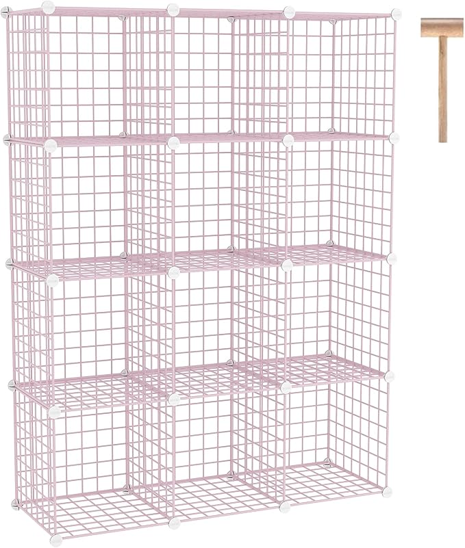 C&AHOME Wire Cube Storage, 12 - Cube Organizer Metal C Grids, Closet, Pink | Modular Shelves Units Storage Bins Shelving Bookshelf Shelf Cabinet