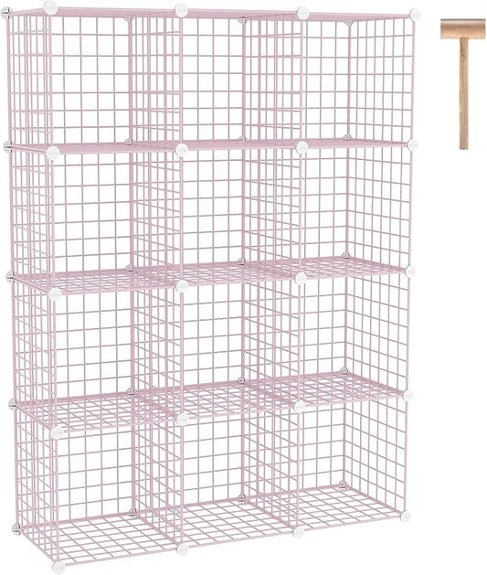 C&AHOME Wire Cube Storage, 12 - Cube Organizer Metal C Grids, Closet, Pink | Modular Shelves Units Storage Bins Shelving Bookshelf Shelf Cabinet