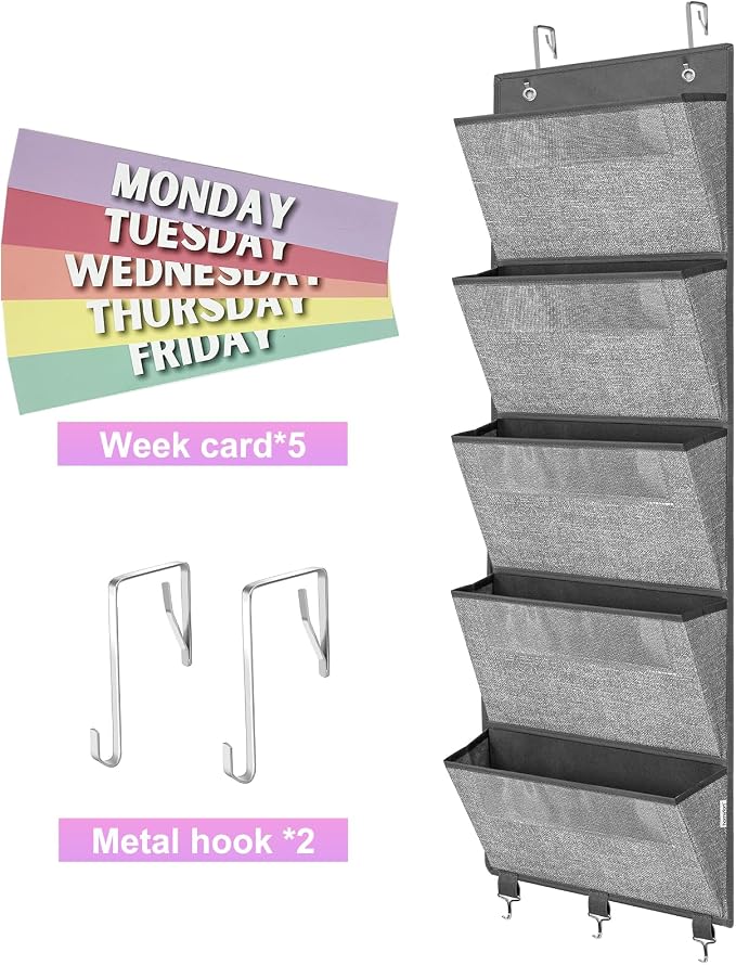 Over the Door hanging File Organizer, Weekly Hanging File Folders, Wall Organizers and Storage for Mail, Magazine, Notebooks, Office, Classroom, 5 Large Pockets, 50.39” Tall, Grey