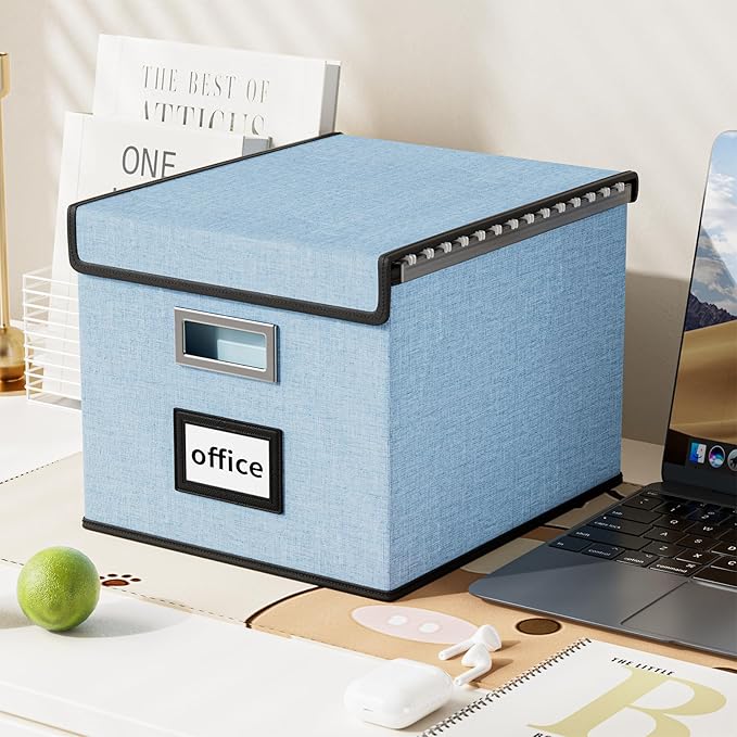 File Organizer Box with Lids, Collapsible File Folder Organizer | File Box with Plastic Slides for Document, Filing Bin for Letter Size Hanging File Folders (1 Pack, Powderblue)