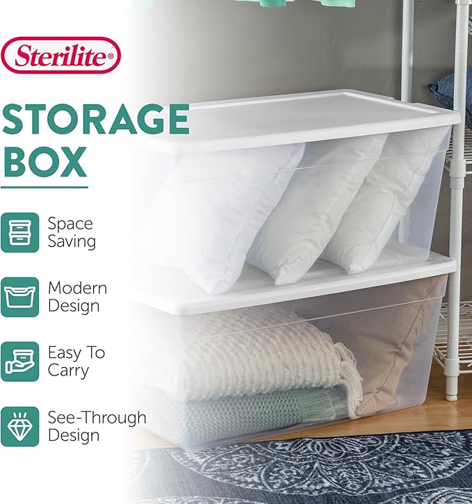 Sterilite Storage Box, Stackable Clear Plastic Bins, 90 Quart, 12-Pack | Heavy-Duty Organizing Containers with Snap-On Lids for Closet, Bathroom, and Office