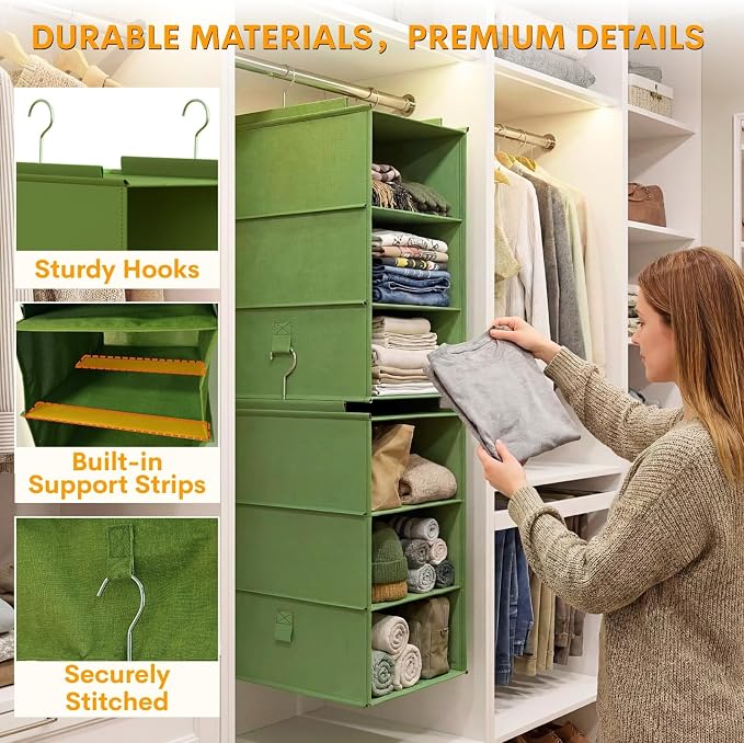 Extra Deep Hanging Closet Organizers and Storage, 2 Pack 3-Shelf | Separable Hanging Shelves with Linen Texture, Foldable & Space-Saving, For Clothes, Handbags, Hats, Closet, Dorm, RV, Green