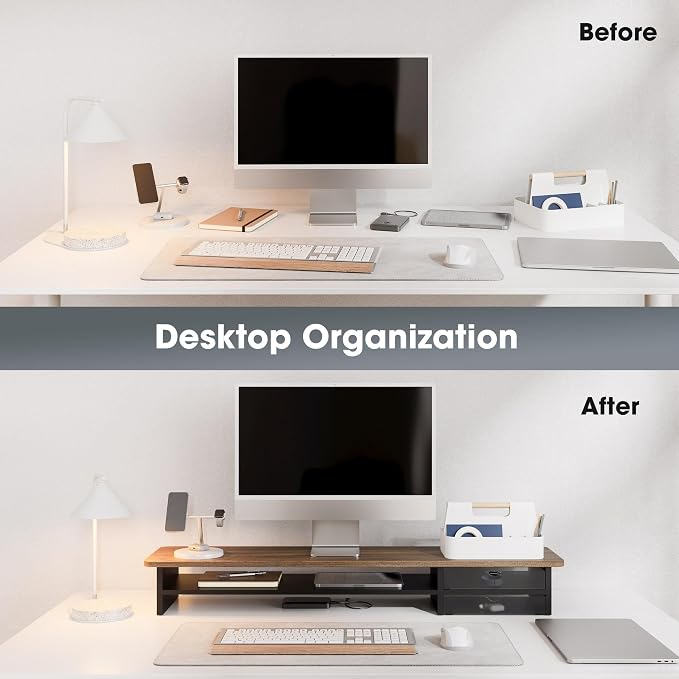 Fenge Monitor Stand, Desk Computer Riser with Frosted Storage Drawer, Brown | 42.5 Inch Dual Monitor Riser, 2 Tiers, Cable Management, Desk Shelf for 2 Monitors, Ultrawide Screen, Laptop, TV, Home Office