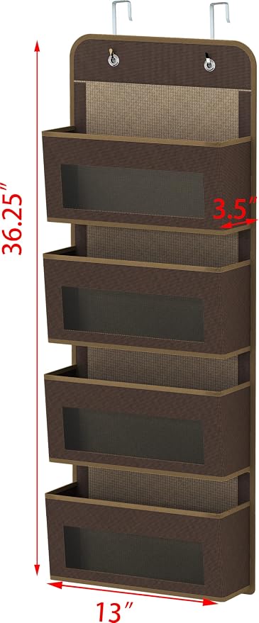 Simple Houseware 4 Clear Window Pocket Over Door Hanging Organizer, Brown | Over the Door Storage for Closet, Bedroom, Bathroom, Pantry
