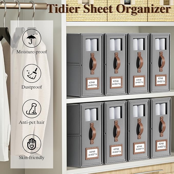 4 Pack Foldable Bed Sheets Set Organizers and Storage(King & Queen Size),Linen Fabric Closet Organizers with Window,Folding Bedding Storage Box for Bedsheets and Pillow Cube Organizer-Gray
