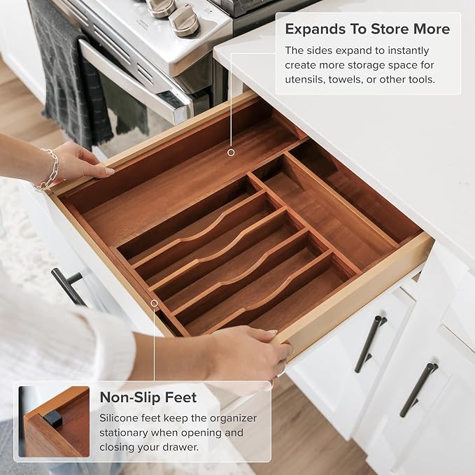 KitchenEdge Silverware & Utensil Drawer Organizer, 10.5-19 in, Acacia | Cutlery, flatware, food-safe contract grade, kitchen drawer fit