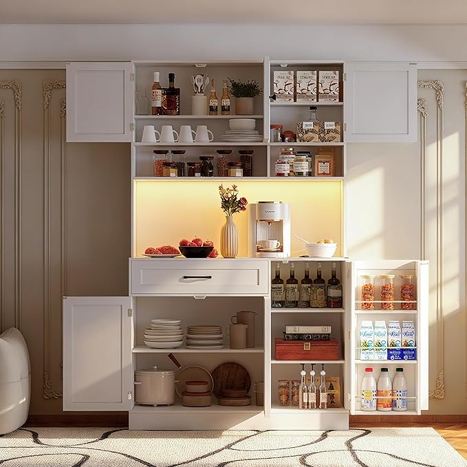 FJTJBSI 72" Kitchen Pantry Cabinet with LED Light and Charging Station Tall Pantry Storage Cabinet with Adjustable Shelves and Door Shelves Modern Kitchen Hutch with Microwave Stand and Countertop