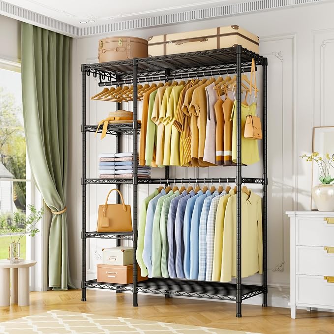 F2 Clothes Rack, 5 Tiers Heavy Duty Garment Rack for Bedroom | Freestanding Adjustable Closet Storage Organizer, Portable Clothing Wardrobe, 46.1"W x 15.4"D x 78.3"H, Load 630lbs, Black