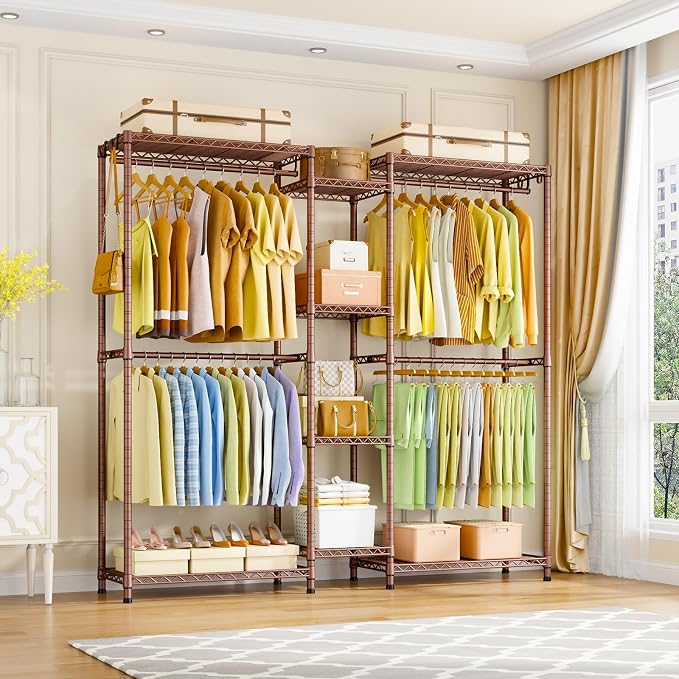 Ulif E4 Clothes Rack, Heavy-Duty Garment Rack Can Be L-Shaped Closet System | Bronze Metal Freestanding Clothing Organizer Storage System with Shelves and Hangers, Load 962lbs, 71.6"W x 14.5"D x 79.3"H
