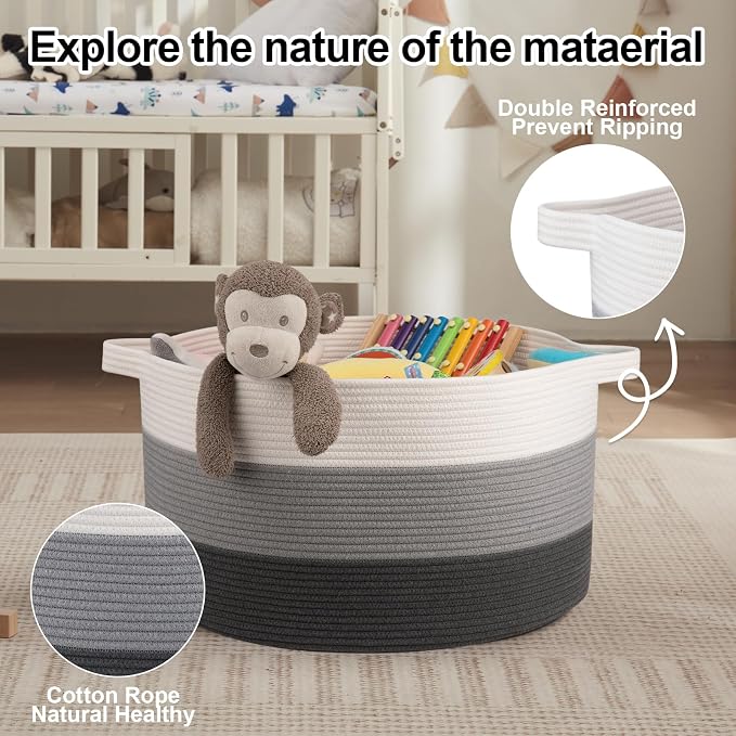 OIAHOMY 90L Extra Large Blanket Basket - Decorative Cotton Rope Storage Basket for Bedroom, Living Room & Nursery - Woven Laundry Hamper for Organizing Blankets, Clothes & Toys - Gardient Dark Grey