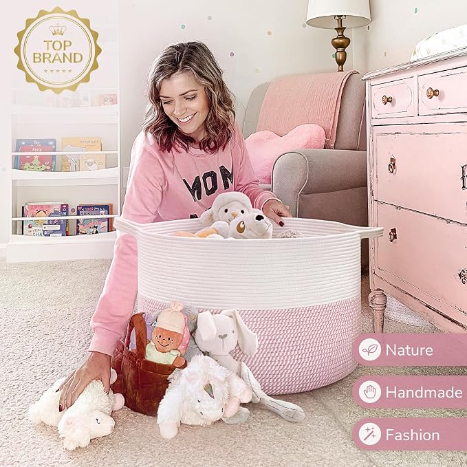 INDRESSME XXXLarge Woven Rope Blanket Basket Living Room Pink, 90L | Pink room decor woven rope basket for stuffed animal storage, toys & pillows. For girls room & nursery, soft-touch, kid-safe
