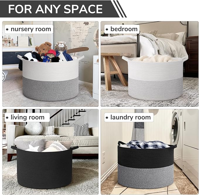 INDRESSME 115L Extra Large Woven Rope Blanket Basket Living Room, Black | 23.6" x 15.7" Storage baskets for toys laundry & pillows. Fits living room, bedroom or nursery décor. Soft-touch with handles