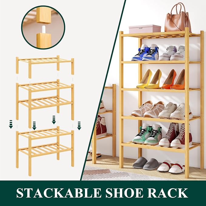 Smiry Bamboo Shoe Rack, 12 Vertical Slats, 2 Tier - 17.3" Wide, Natural | Stackable Free Standing Wooden Shoe Organizer, Wood Shoe Storage Shelf for Closet, Entryway