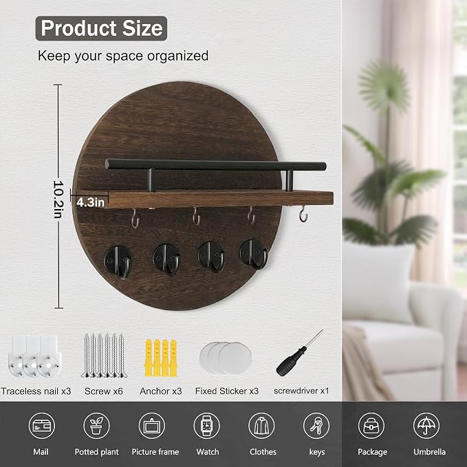dreampossible Key Holder Wall Mount - 10.2 Inch Decorative Key Rack and Mail Organizer with 8 Key Hooks - Wooden Key Hanger with Shelf for Wall and Home Decor