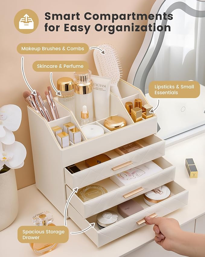 Lolalet 4-Layer PU Leather Makeup Organizer for Cosmetic Vanity -Beige | Large Bedroom Dsek Countertop Cosmetic Organizer with Brush Holder, Skincare Storage for Lipsticks, Nail Polish, Perfume