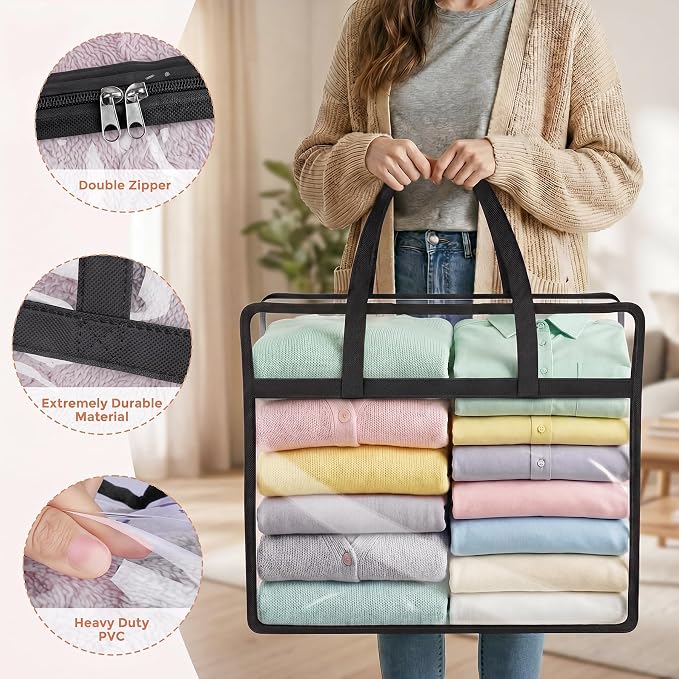 4 Pack Clear Storage Bags for Clothes, 40L Closet Organizers and Storage | Plastic storage with zipper and handle, moving bags, under-bed storage, closet organizer for blankets, comforters, toys