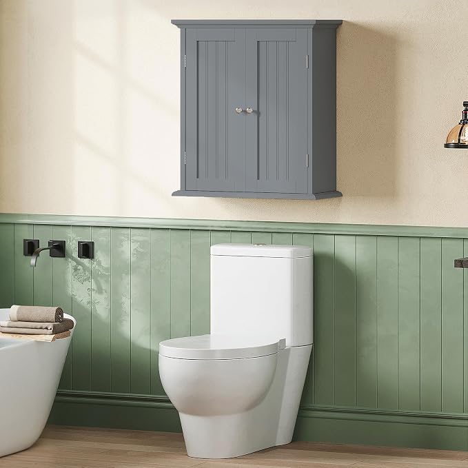 ChooChoo Bathroom Wall Cabinet with 2 Doors, Over The Toilet | 8.8"D x 21.1"W x 24"H, Medicine Cabinet, Adjustable Shelves, Cupboard, Grey