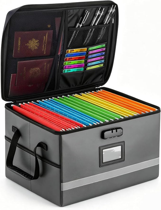 EXLIFBAG File Organizer, Fireproof File Box with Lids, Important Document Organizer Box with Lock, Portable File Folder Organizer with Handle