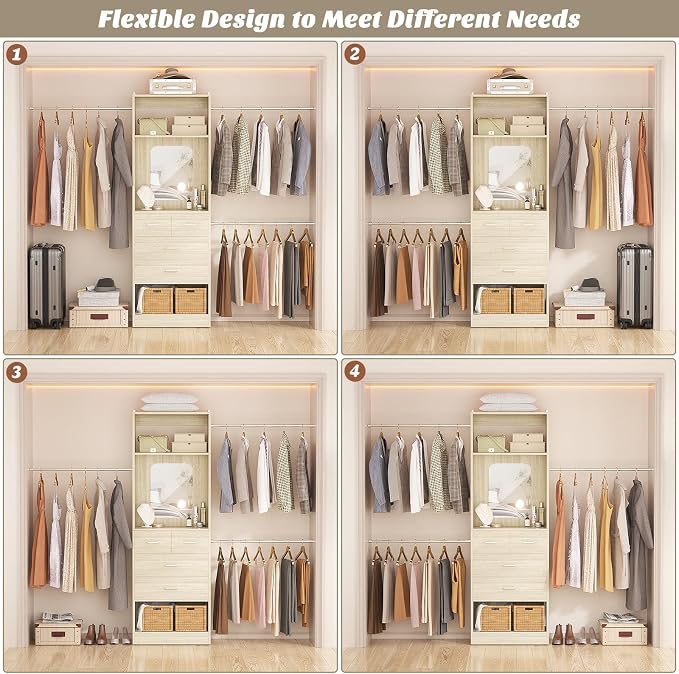Unikito 8FT Closet System with Mirror and 3 Extendable Hanging Rods | 96 Inch Walk-in Closet Organizer with 25" Tower, 4 Wood Drawers, Customizable and Sturdy Closet Insert, White Oak