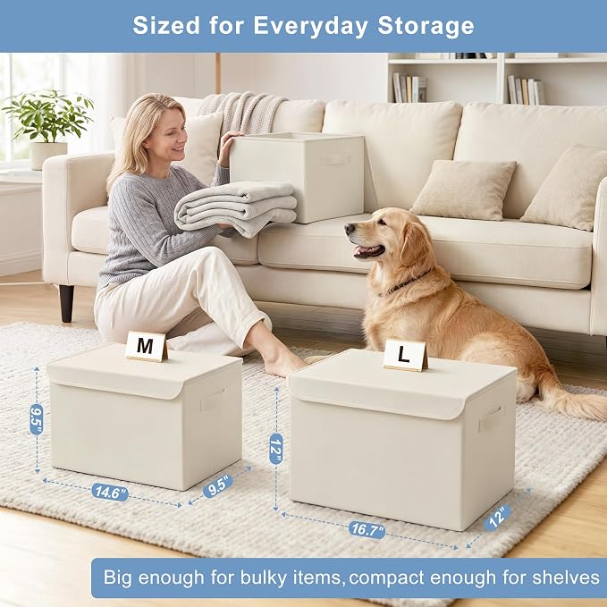 Bagnizer Large 22 Quart [4-Pack] Linen Fabric Foldable Storage Bin Cube Organizer Basket with Flip-Top Lid & Handles, Clothes Blanket Box for Home, Office, Closet (14.6 x 9.5 x 9.5, Beige)