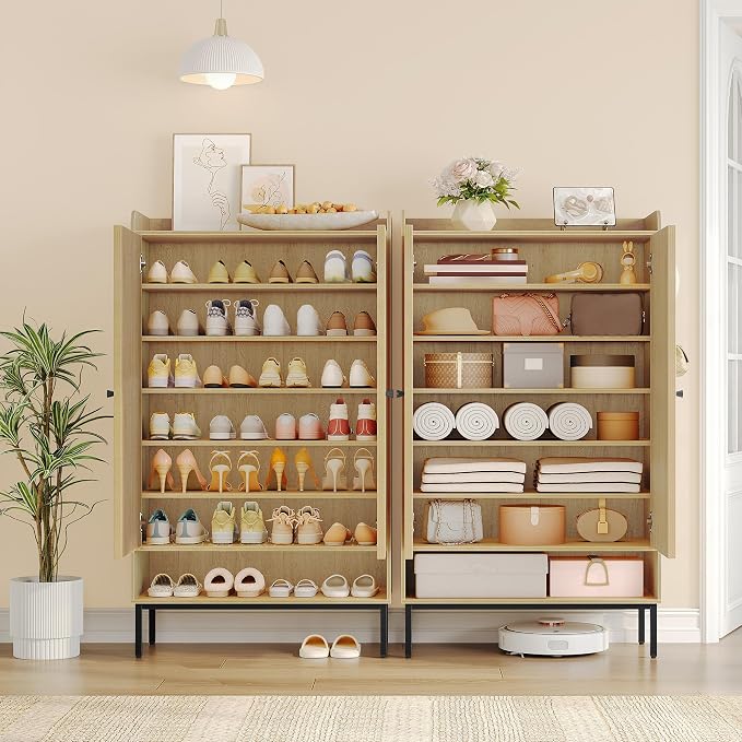 Hzuaneri Shoe Cabinet, 7-Tier Shoe Storage Cabinet with Adjustable Shelves | Wooden Shoes Organizer Cabinets with Doors & Top Storage Layer, 28-32 Pairs, for Entryway, Hallway, Rattan SR68702Y