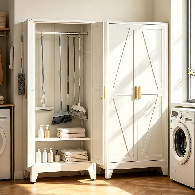 71" H White Pantry Cabinet,Metal Storage Cabinets with Doors and Shelves,Tall Food Kitchen Cabinets,Farmhouse Kitchen Cabinet,Freestanding Cabinet