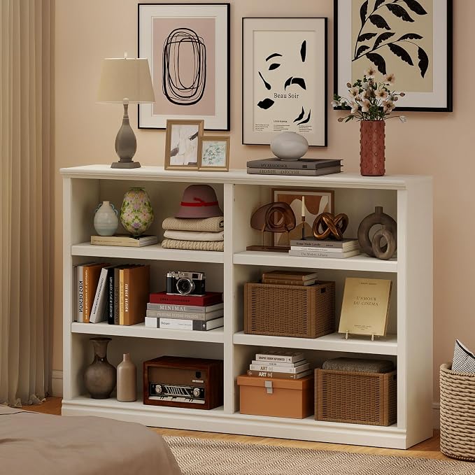 64" W Double Wide Open Shelf Bookcase, 3 Tiers 6 Storage Cube Book Shelf | Horizontal bookshelf, Display Cabinet Organizer Indoor Furniture, Home Library Office, White Adjustable Shelf