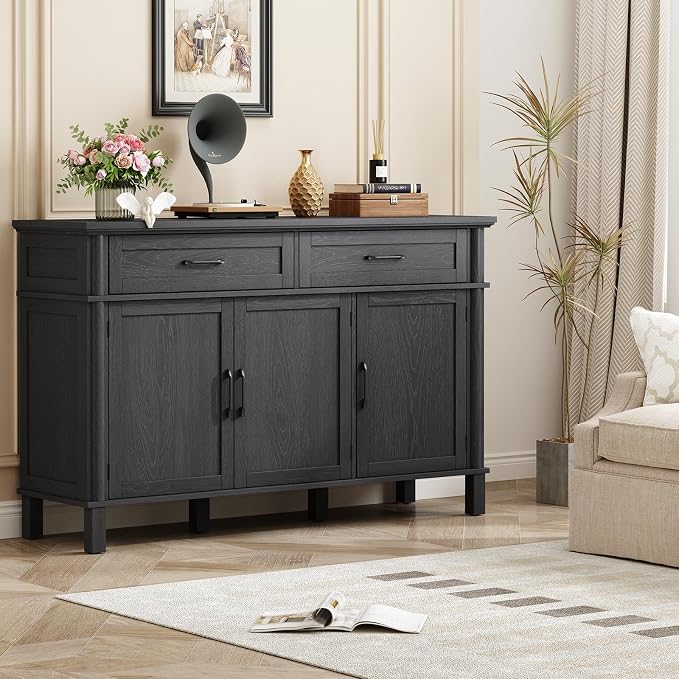 55 Inch Buffet Cabinet with Storage, Farmhouse Sideboard Buffet w/2 Drawers and 3 Doors, Wood Coffee Bar Cabinet with Adjustable Shelves, Sideboard Storage for Kitchen, Living Room, Black