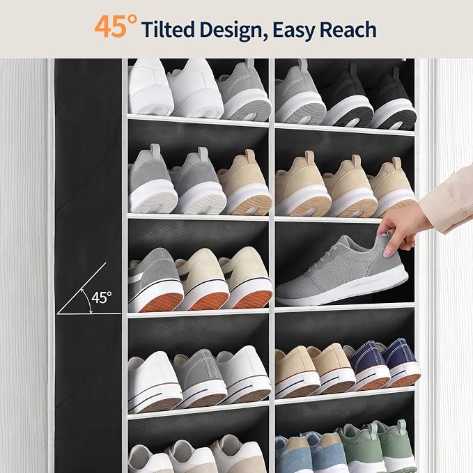 Yecaye 30 Pairs Over the Door Shoe Organizer, Large Capacity Hanging Shoe Rack for Door Hanger with Deep Pockets, Heavy Duty 10 Tier Shoe Holder for Sneakers Boots Heels College Dorm Essentials, Black