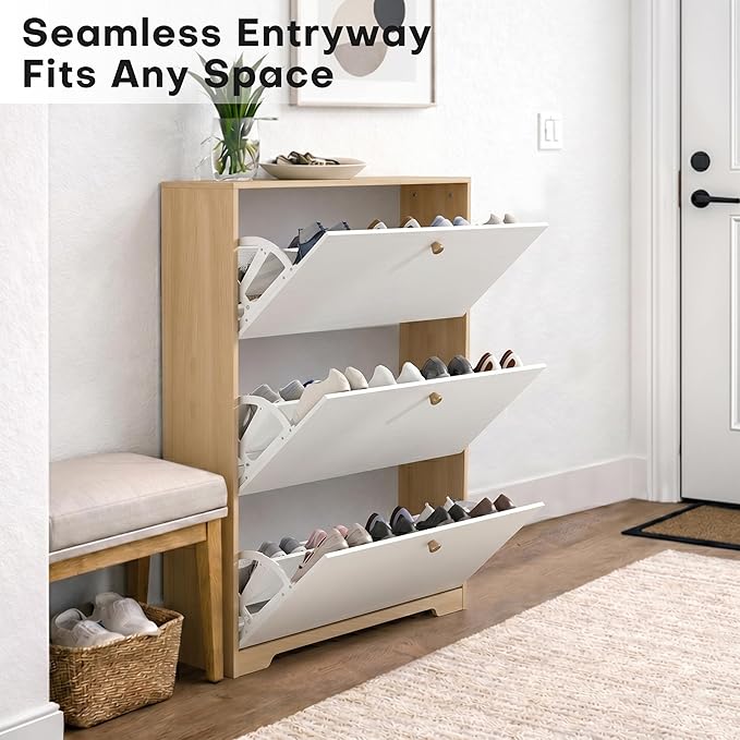 Nicetree Shoe Storage Cabinet with 3 Flip Drawers, Natural Oak and White | Narrow Shoe Organizer, Freestanding Shoe Rack Cabinet, Modern Shoe Storage Cabinet for Entryway, Hallway, Foyer, With Hook