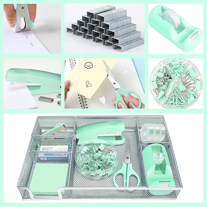 Green Office Desk Accessories Set with Stapler, Tape Dispenser and More | Green Office Supplies Set with Stapler, Tape Dispenser, Scissors, Clips and More for Organized Workspace